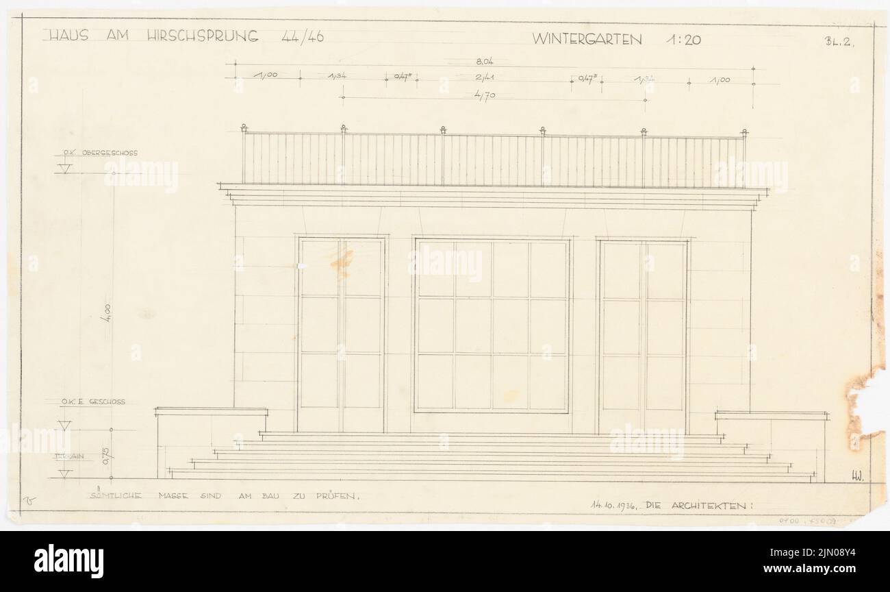 Böhmer Franz (1907-1943), Haus Darré in Berlin-Dahlem (14. Oktober 1936): Wintergartenansicht 1:20 Uhr. Bleistift auf Transparent, 41,1 x 69 cm (inklusive Scan-Kanten) Böhmer & Petrich : Haus Darré, Berlin-Dahlem. Umbau Stockfoto