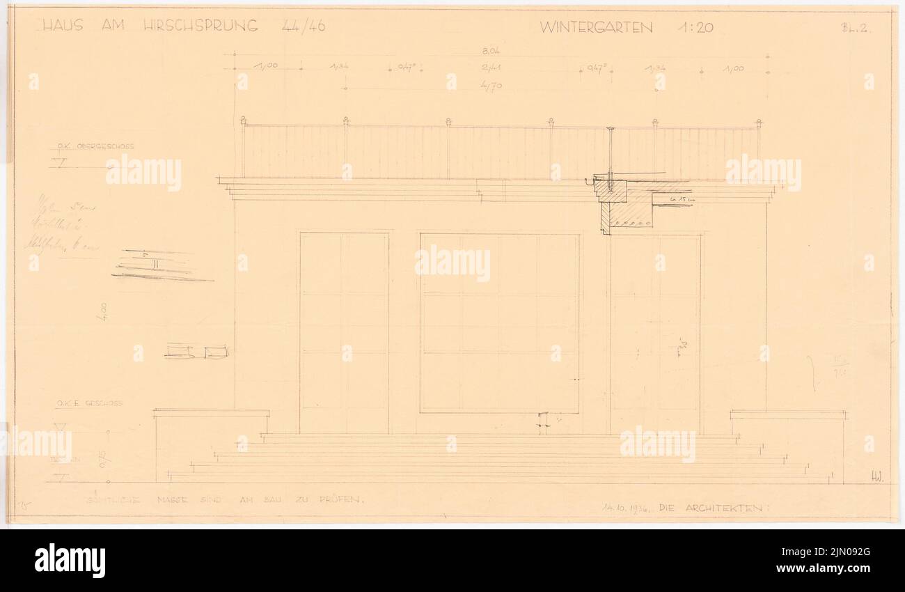 Böhmer Franz (1907-1943), Haus Darré in Berlin-Dahlem (14. Oktober 1936): Wintergartenansicht 1:20 Uhr. Bleistift über Lichtbruch auf Papier, 39,9 x 68,2 cm (inklusive Scankanten) Böhmer & Petrich : Haus Darré, Berlin-Dahlem. Umbau Stockfoto