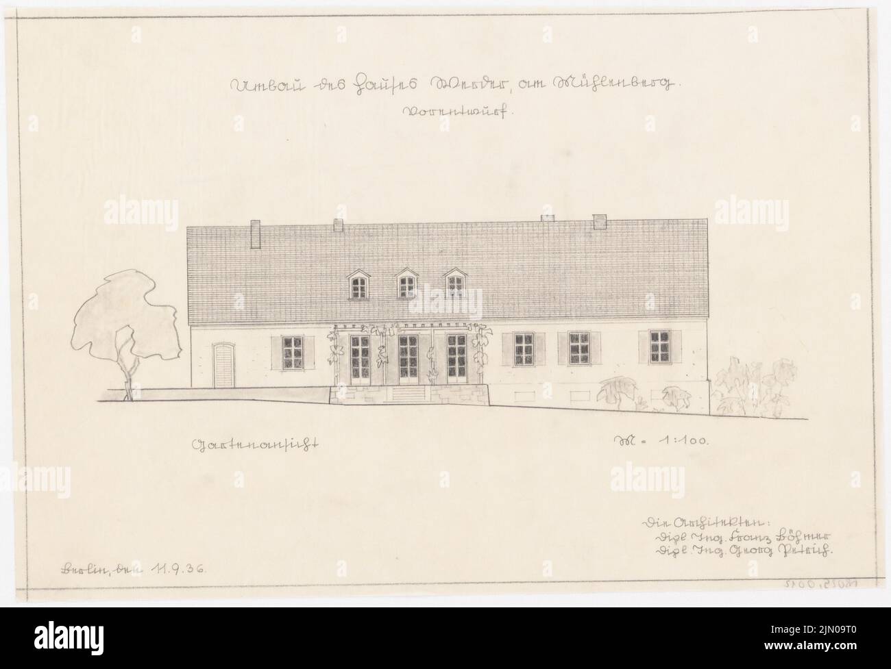 Böhmer Franz (1907-1943), Haus Werder am Mühlendamm. Umbau (11. September 1936): Blick auf die Gartenseite 1: 100. Bleistift auf transparent, 29,1 x 42,7 cm (inklusive Scankanten) Böhmer & Petrich : Haus Werder am Mühlendamm. Umbau Stockfoto