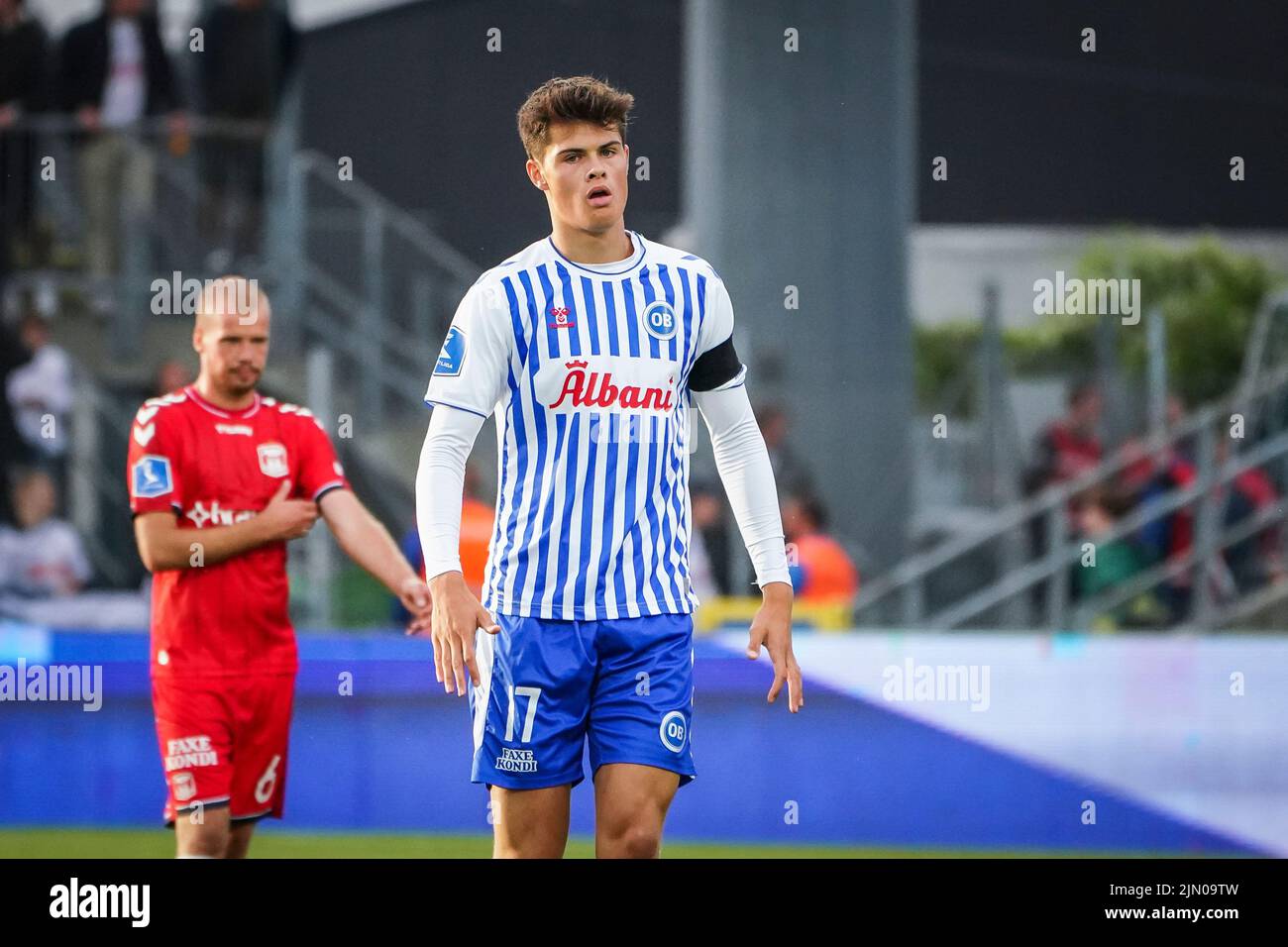 Odense, Dänemark. 07. August 2022. Luca Kjerrumgaard (17) von ob beim Superliga-Spiel 3F zwischen Odense Boldklub und Aarhus GF im Nature Energy Park in Odense. (Foto: Gonzales Photo/Alamy Live News Stockfoto