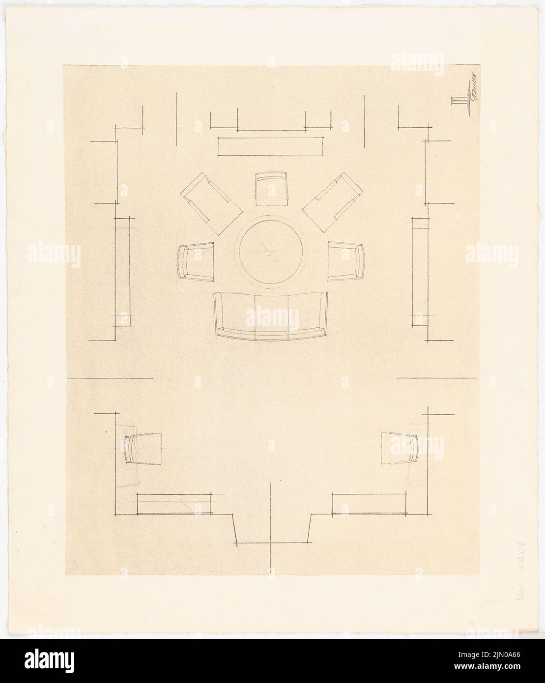 Böhmer Franz (1907-1943), Wohngebäude Ompteda in Berlin-Dahlem. Umbau (1937-1937): Innenansicht mit Möbeln. Bleistift über einem Bruch auf der Schachtel, 61,1 x 52,1 cm (inklusive Scankanten) Böhmer & Petrich : Wohnhaus Ompteda, Berlin-Dahlem. Umbau Stockfoto