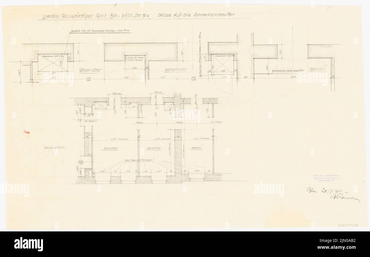 Böhmer Franz (1907-1943), Auswärtiges Amt in Berlin-Mitte (20.08.1940): Schrankinstallation. Bleistift, Kohle auf Transparent, 45 x 71,8 cm (inklusive Scan-Kanten) Böhmer & Petrich : Auswärtiges Amt, Berlin-Mitte. Umbau Stockfoto