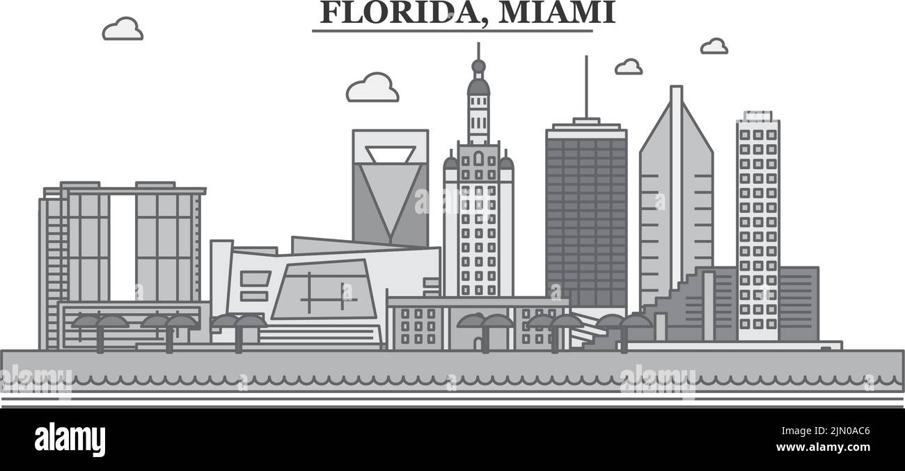 Vereinigte Staaten, Miami City Skyline isoliert Vektor Illustration, Symbole Stock Vektor