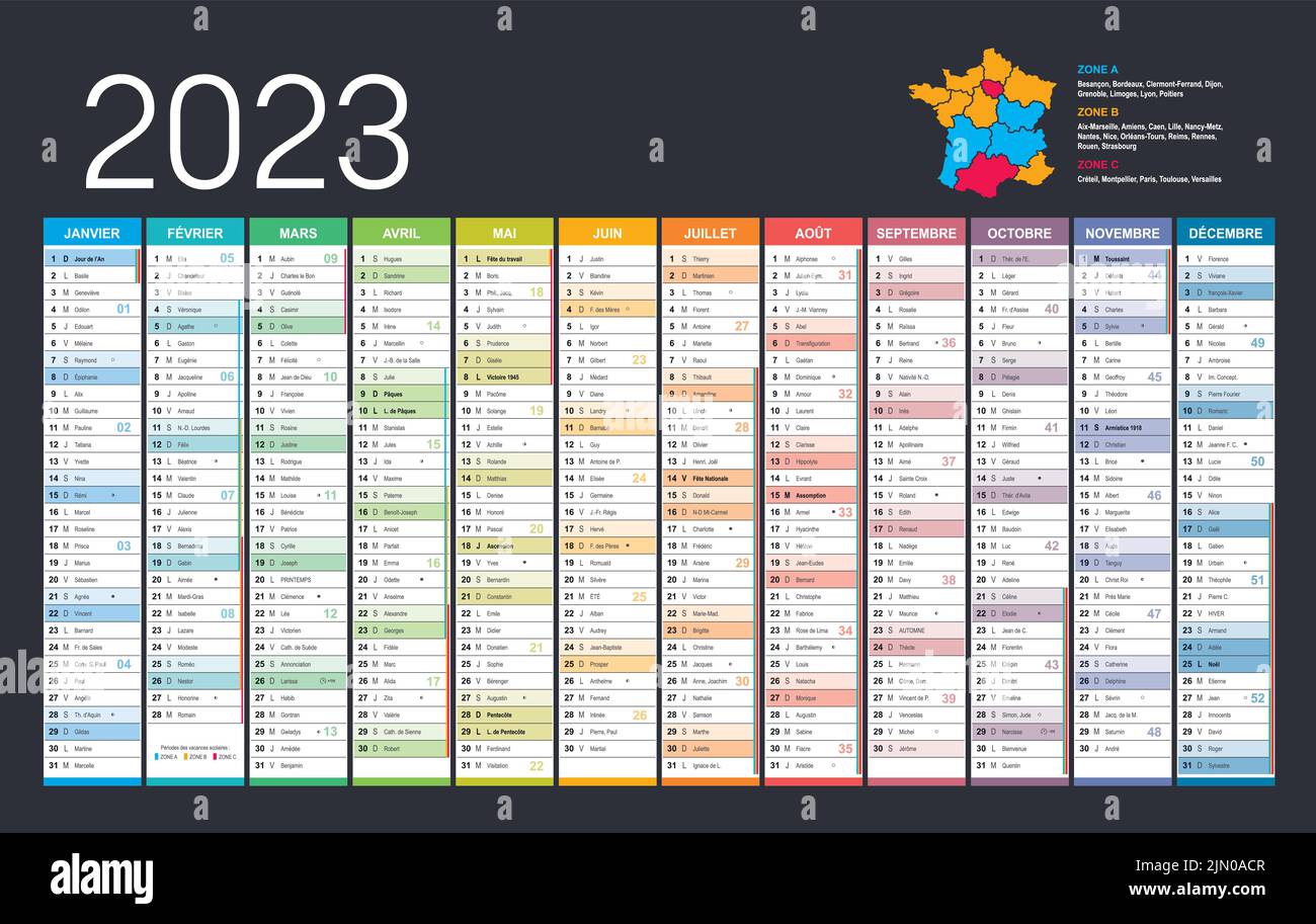 Jahr 2023 farbenfroher Wandkalender, in französischer Sprache, auf dunklem Hintergrund. Vektorvorlage Stock Vektor