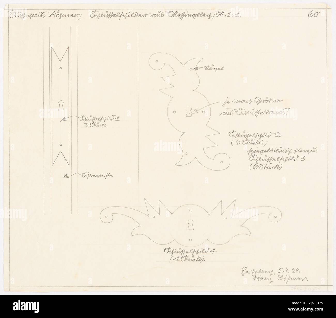 Böhmer Franz (1907-1943), Einfamilienhaus Böhmer in Heidelberg (05.04.1928): Türbeschläge: Ansichten 1: 1. Bleistift auf Transparent, 34,7 x 39,5 cm (inklusive Scankanten) Böhmer Franz (1907-1943): Wohnhaus Böhmer, Heidelberg Stockfoto