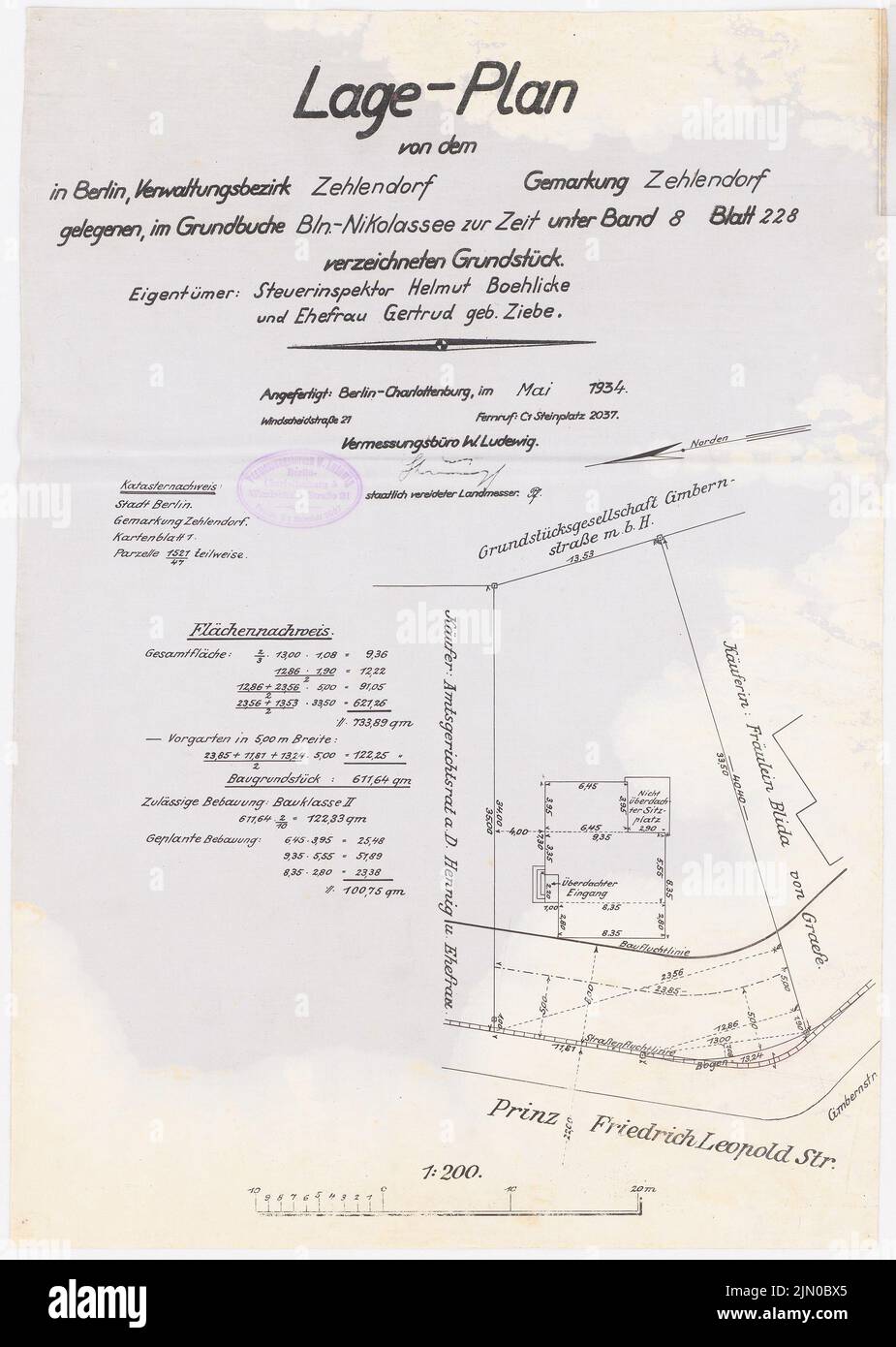 Böhmer Franz (1907-1943), Boelicke Wohngebäude in Berlin-Nikolassee (05,1934): Je nach Plan 1: 200. Tinte auf Papier, 49,3 x 35,1 cm (inklusive Scankanten) Böhmer & Petrich : Wohnhaus Boelicke, Berlin-Nikolassee Stockfoto