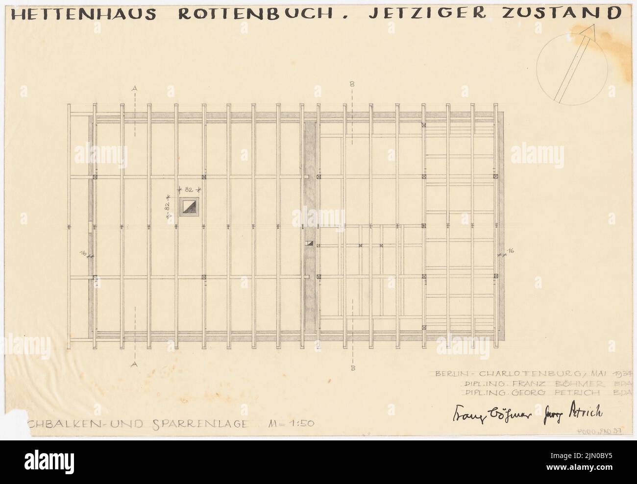 Böhmer Franz (1907-1943), Hettenhaus in Rottenbuch (05,1934): Dachkonstruktion, Bar und Dachsparren; Aufsicht 1:50. Bleistift auf Transparent, 38,6 x 55,8 cm (inklusive Scankanten) Böhmer & Petrich : Hettenhaus, Rottenbuch Stockfoto