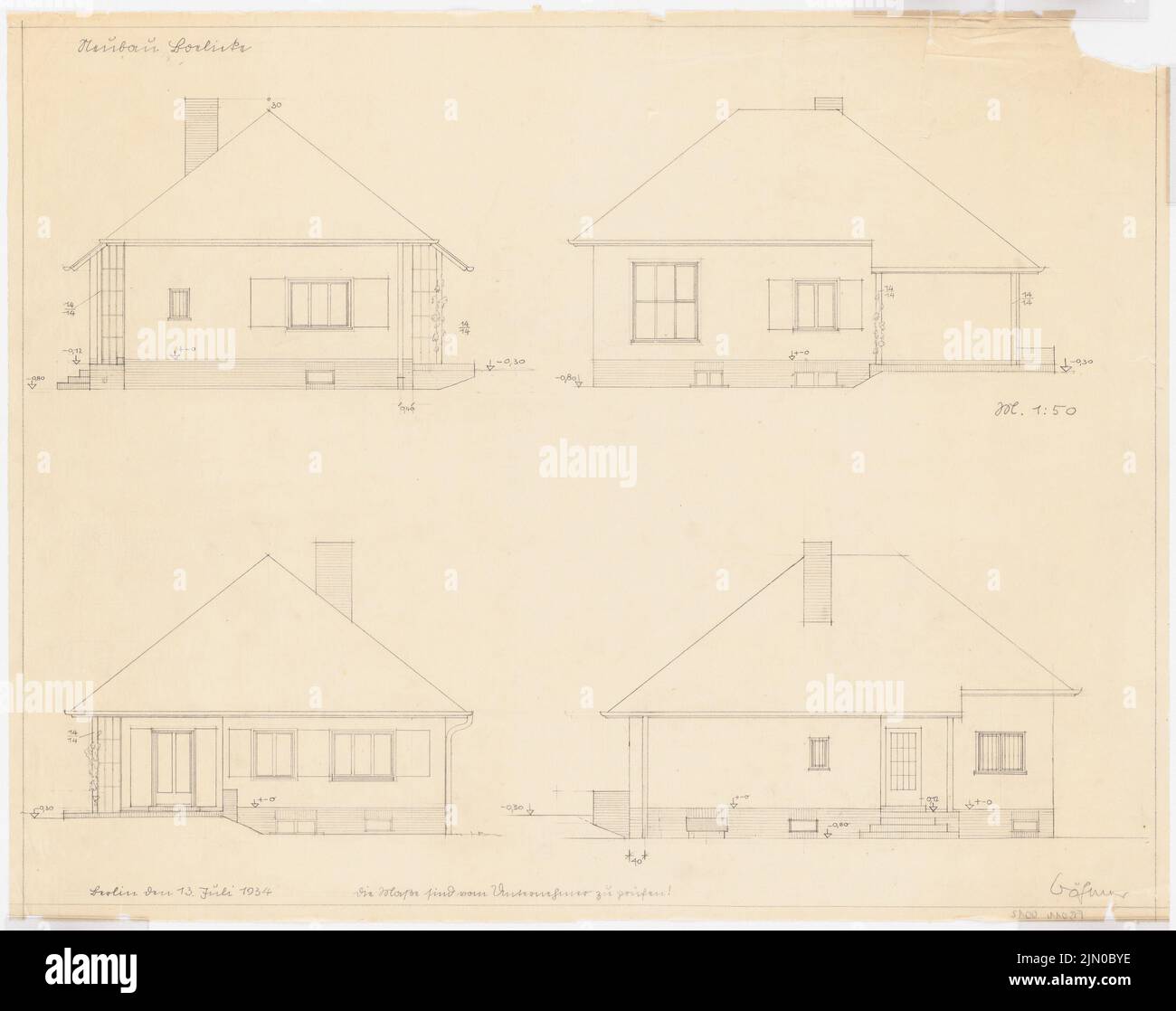 Böhmer Franz (1907-1943), Boelicke Wohnhaus in Berlin-Nikolassee (13. Juli 1934): 4 Aufrufe 1:50. Bleistift auf transparent, 53,4 x 67,5 cm (inklusive Scankanten) Böhmer & Petrich : Wohnhaus Boelicke, Berlin-Nikolassee Stockfoto