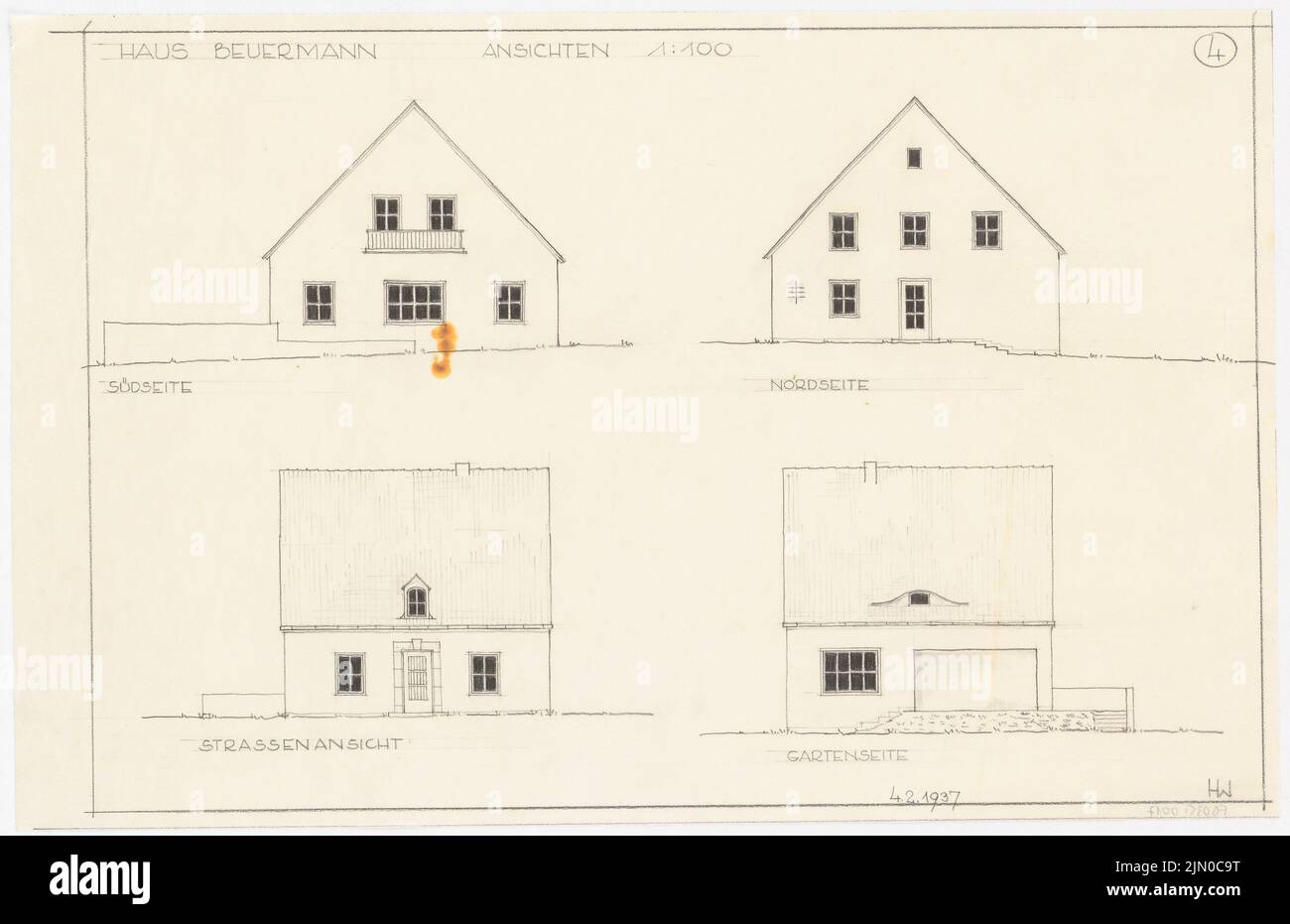 Böhmer Franz (1907-1943), holländischer Regisseur Beuermann in Kleinmachnow (04.02.1937): Ansichten Südseite, Nordseite, Straßenansicht und Gartenblick 1: 100. Bleistift auf transparent, 34,5 x 53,2 cm (inklusive Scankanten) Böhmer & Petrich : Wohnhaus Direktor Beuermann, Kleinmachnow Stockfoto