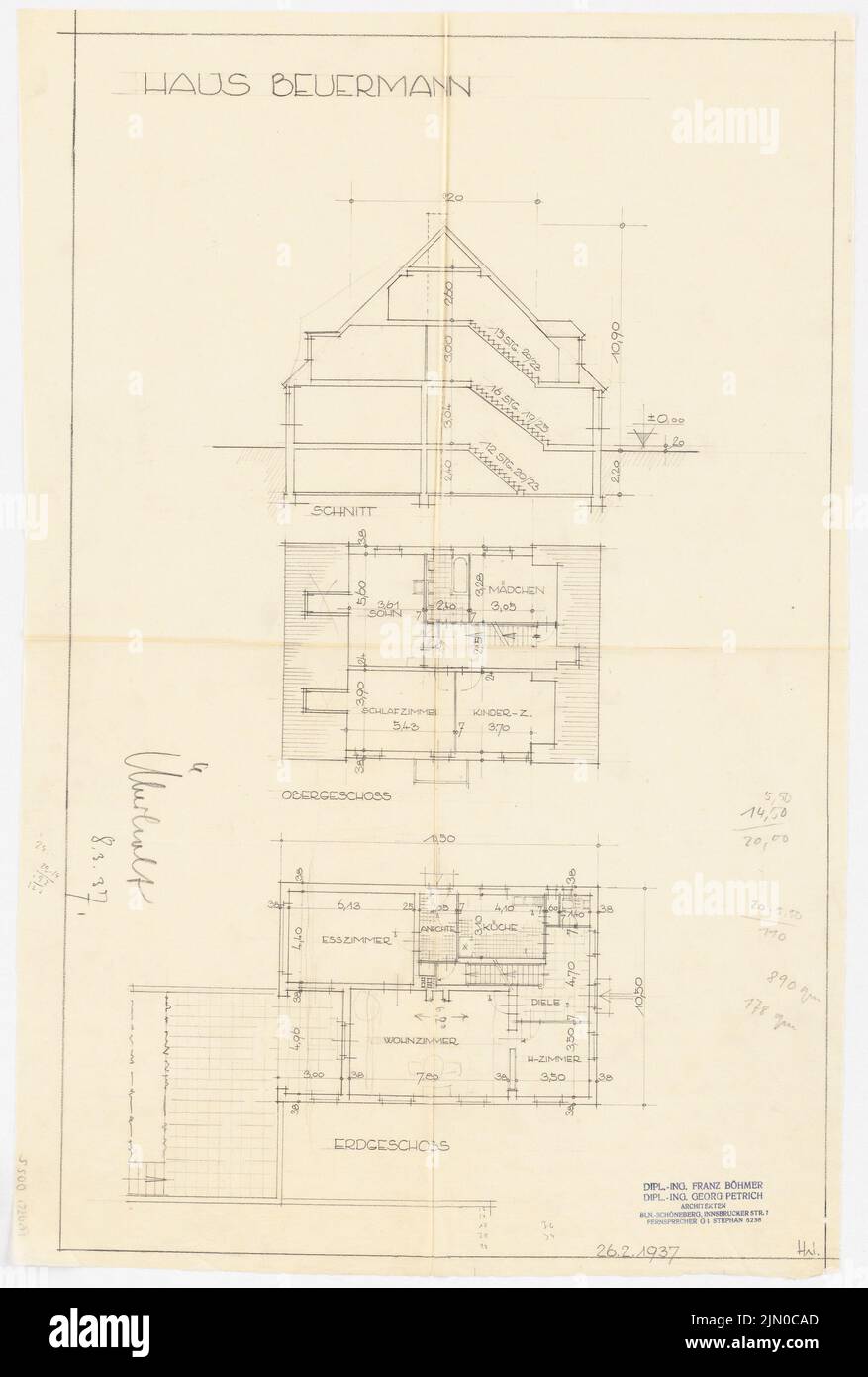 Böhmer Franz (1907-1943), holländischer Regisseur Beuermann in Kleinmachnow (08.03.1937): Cut, Grundrisse EG, OG 1: 100. Bleistift auf transparent, 61,7 x 41,6 cm (inklusive Scankanten) Böhmer & Petrich : Wohnhaus Direktor Beuermann, Kleinmachnow Stockfoto