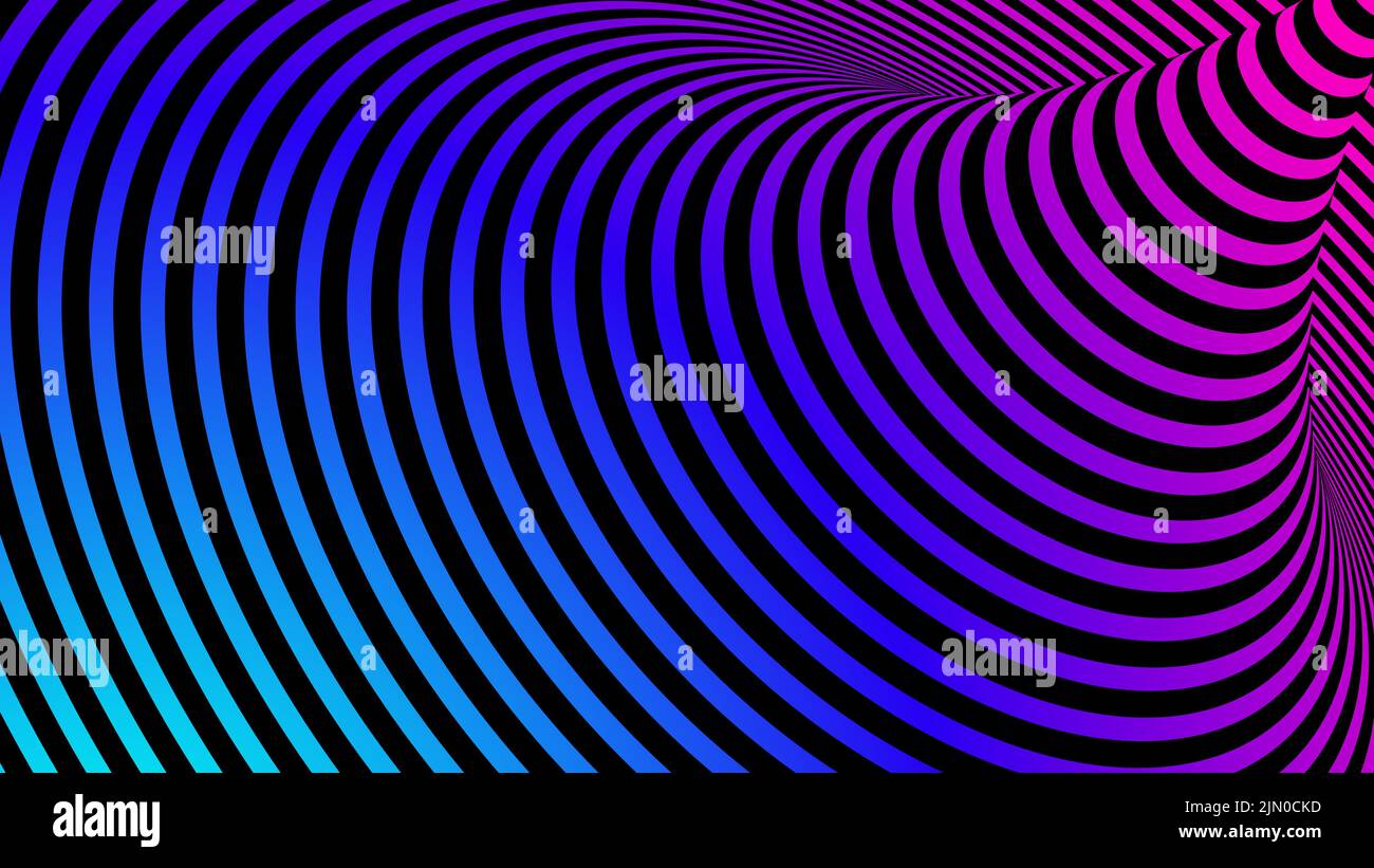3D abstrakte schwarze verdrehte Spirallinien optisches Illusionsmuster auf lebhaftem Farbhintergrund. Technologiekonzept. Vektorgrafik Stock Vektor
