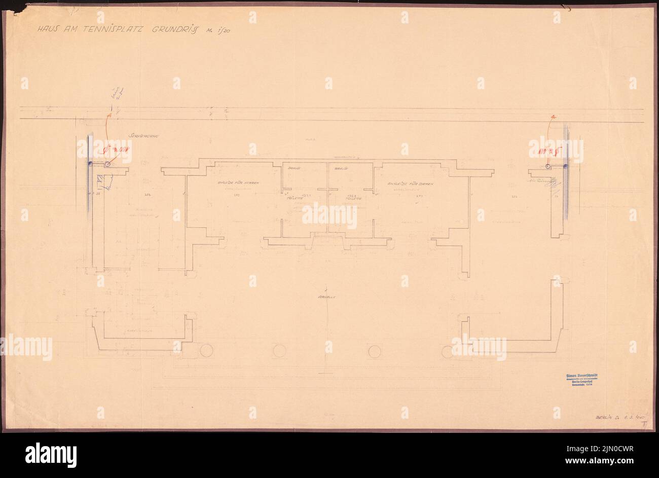 Böhmer Franz (1907-1943), offizielle Wohnung des Reichsaußenministers Joachim von Ribbentrop in Berlin-Mitte (08.03.1940): Haus am Tennisplatz: Grundriß mit Teilung 1:20. Bleistift, Farbstift über einem Bruch auf Papier, 67,3 x 102,4 cm (inklusive Scankanten) Böhmer & Petrich : Dienstwohnung des Reichsministers Joachim von Ribbentrop, Berlin-Mitte. Umbau Stockfoto