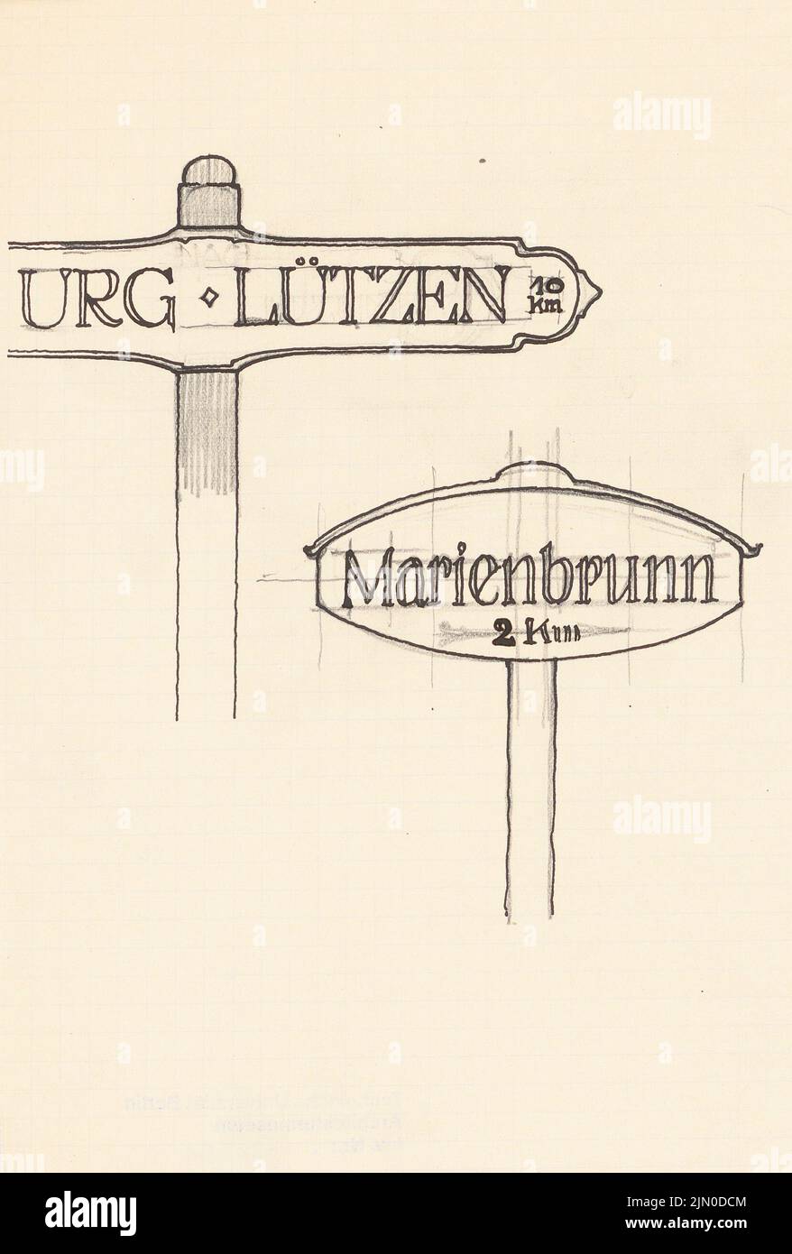 Rüster Emil (1883-1949), Straßenschild nach Marienbrunn und Lützen (ohne Dat.): Blick. Bleistift und Tinte auf Papier, 20,8 x 14,1 cm (inklusive Scankanten) Rüster Emil (1883-1949): Straßschild nach Marienbrunn und Lützen Stockfoto