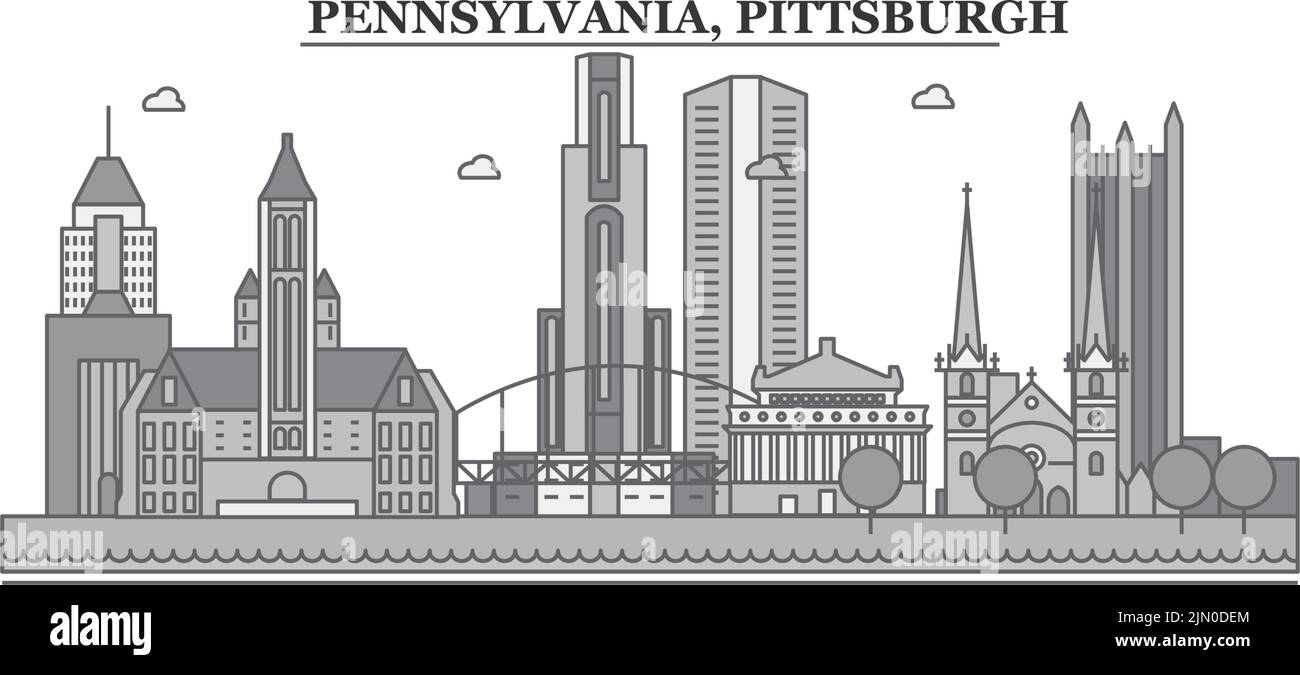 Vereinigte Staaten, Skyline von Pittsburgh isolierte Vektorgrafik, Symbole Stock Vektor