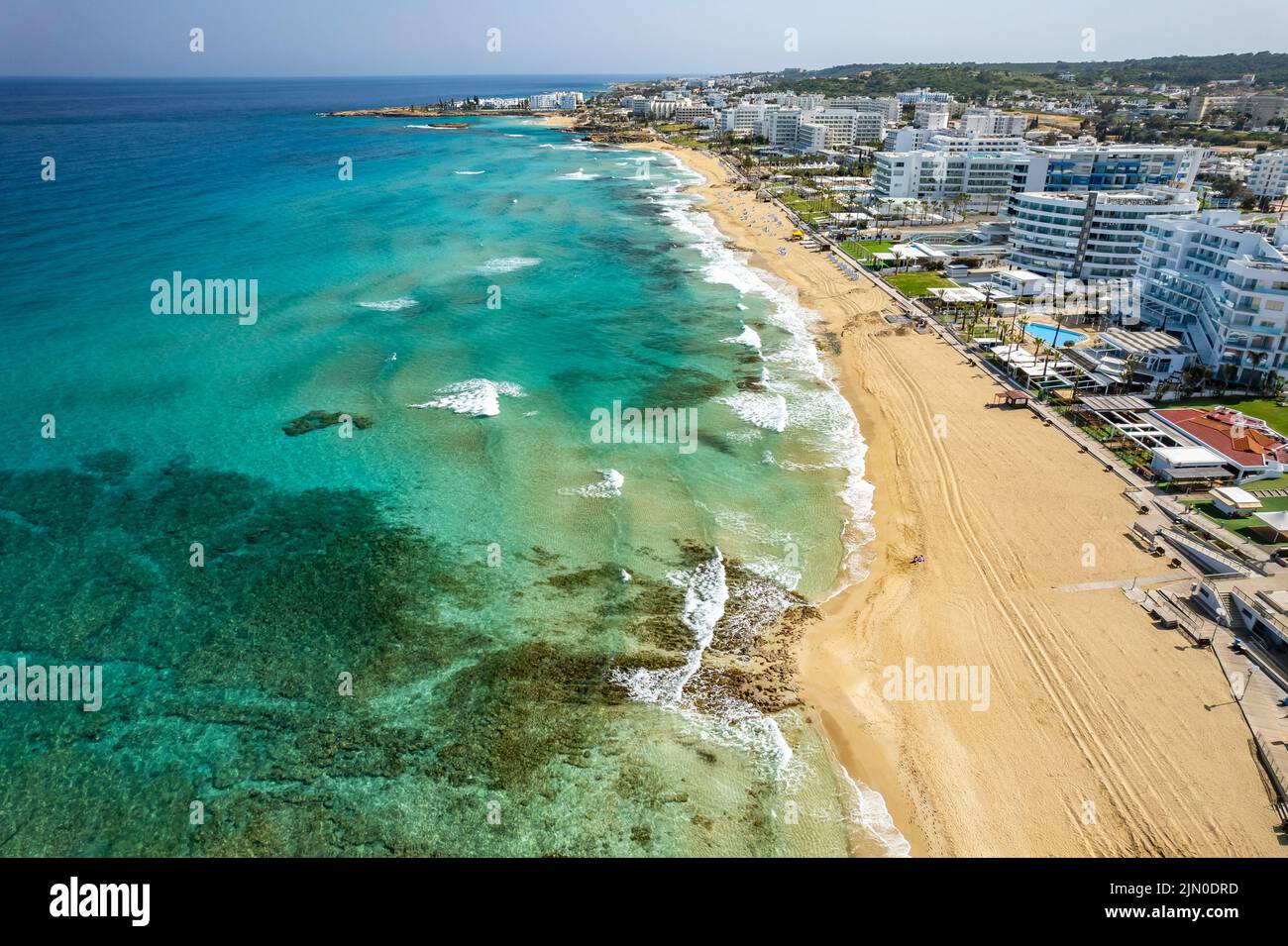Hotels am Sunrise Beach aus der Luft gesehen, Protaras, Zypern, Europa | Sunrise Beach Hotels von oben gesehen, Protaras, Zypern, Europa Stockfoto