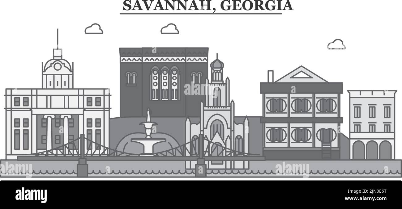 Vereinigte Staaten, Savannah City Skyline isoliert Vektor Illustration, Symbole Stock Vektor