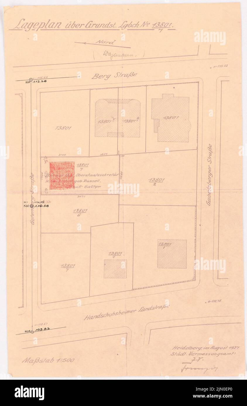 Böhmer Franz (1907-1943), Einfamilienhaus Böhmer in Heidelberg (08,1927): Lageplan 1: 500. Bleistift, Farbstift über einem Bruch auf Papier, 33,5 x 21,8 cm (inklusive Scankanten) Böhmer Franz (1907-1943): Wohnhaus Böhmer, Heidelberg Stockfoto