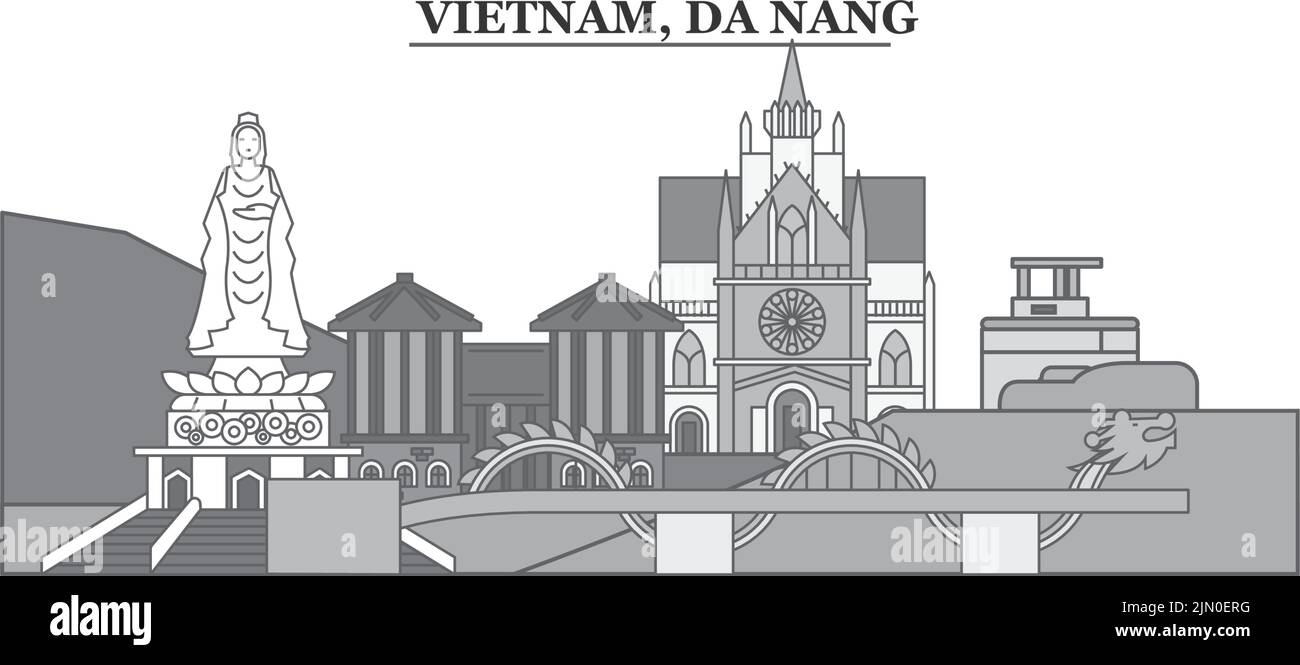 Vietnam, Da Nang Stadt Skyline isoliert Vektor Illustration, Symbole Stock Vektor