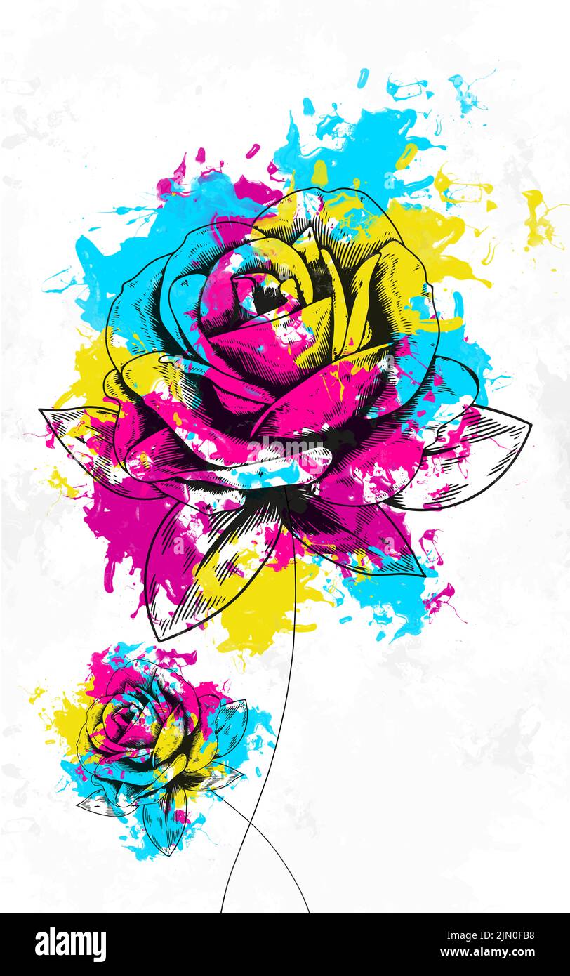 Aquarell abstrakte Malerei blau, rosa, gelb, moderne Kunst Stockfoto