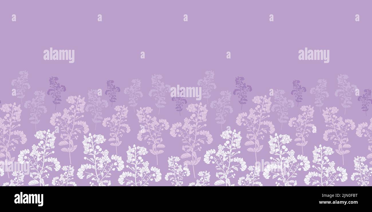 Vektor violett lila Blumen Zweige Bäume Silhouetten nahtlose horizontale Streifen Rand Muster Hintergrund Stock Vektor