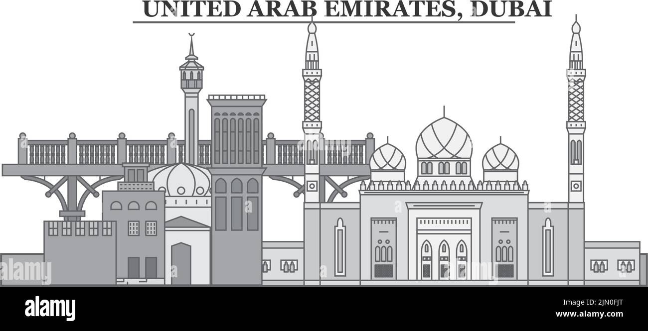 Vereinigte Arabische Emirate, Skyline von Dubai isolierte Vektorgrafik, Ikonen Stock Vektor
