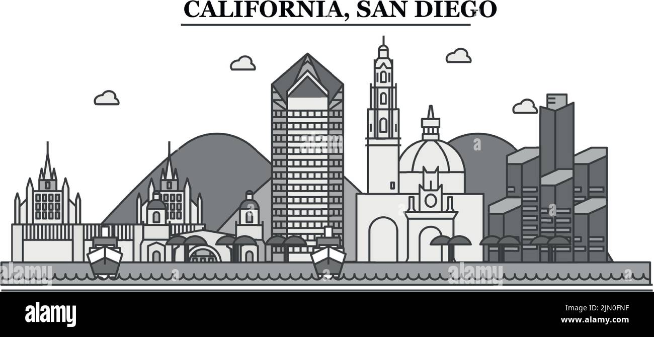 Vereinigte Staaten, San Diego City Skyline isoliert Vektor Illustration, Symbole Stock Vektor