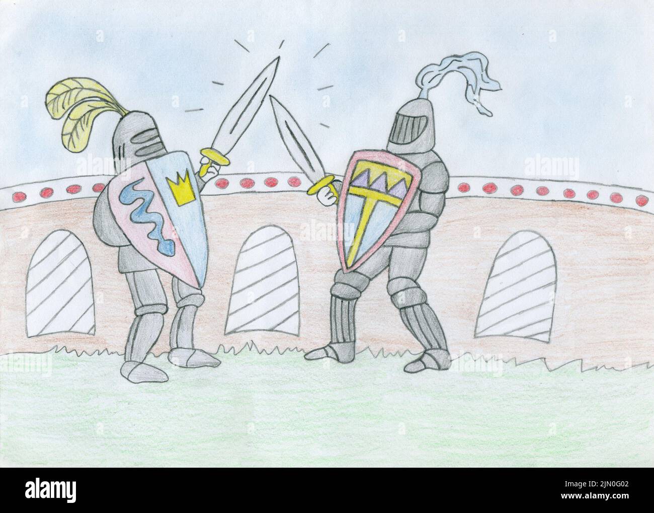 Ritter in Rüstung kämpfen mit Schwertern. Kinderzeichnung. Stockfoto