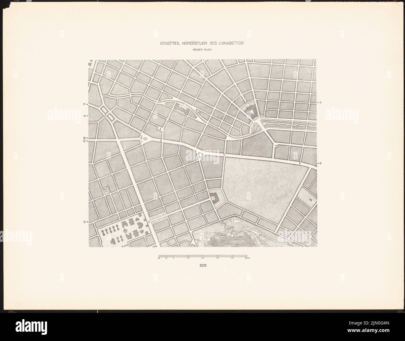 Hoffmann Ludwig (1852-1932), Entwicklungspläne für Athen (1942): (Aus: L.H., Entwicklungspläne für die Stadt Athen, Berlin o.J.). Druck auf Papier, 40,8 x 52,8 cm (inklusive Scankanten) Hoffmann Ludwig (1852-1932): Bebauungspläne für die Stadt Athen Stockfoto