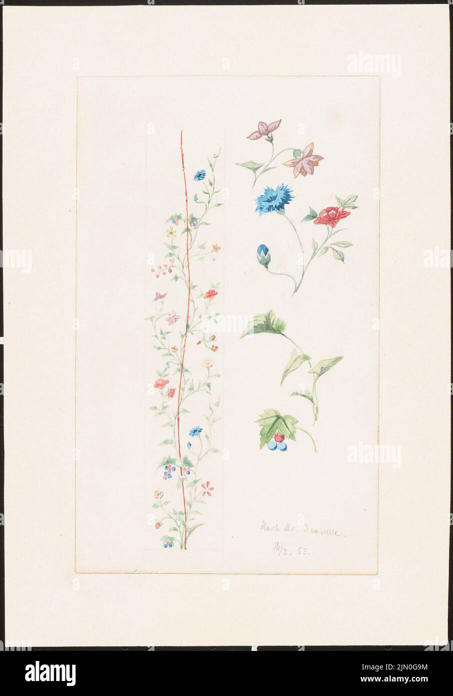 Koch Friedrich (1828-1922), Reisestudien aus Deutschland 1851-53 (18. Februar 1853): Blumenschmuck. Bleistift Aquarell auf Papier, 17,9 x 12,5 cm (inklusive Scan-Kanten) Koch Friedrich (1828-1922): Reisestudien aus Deutschland 1851-53 Stockfoto