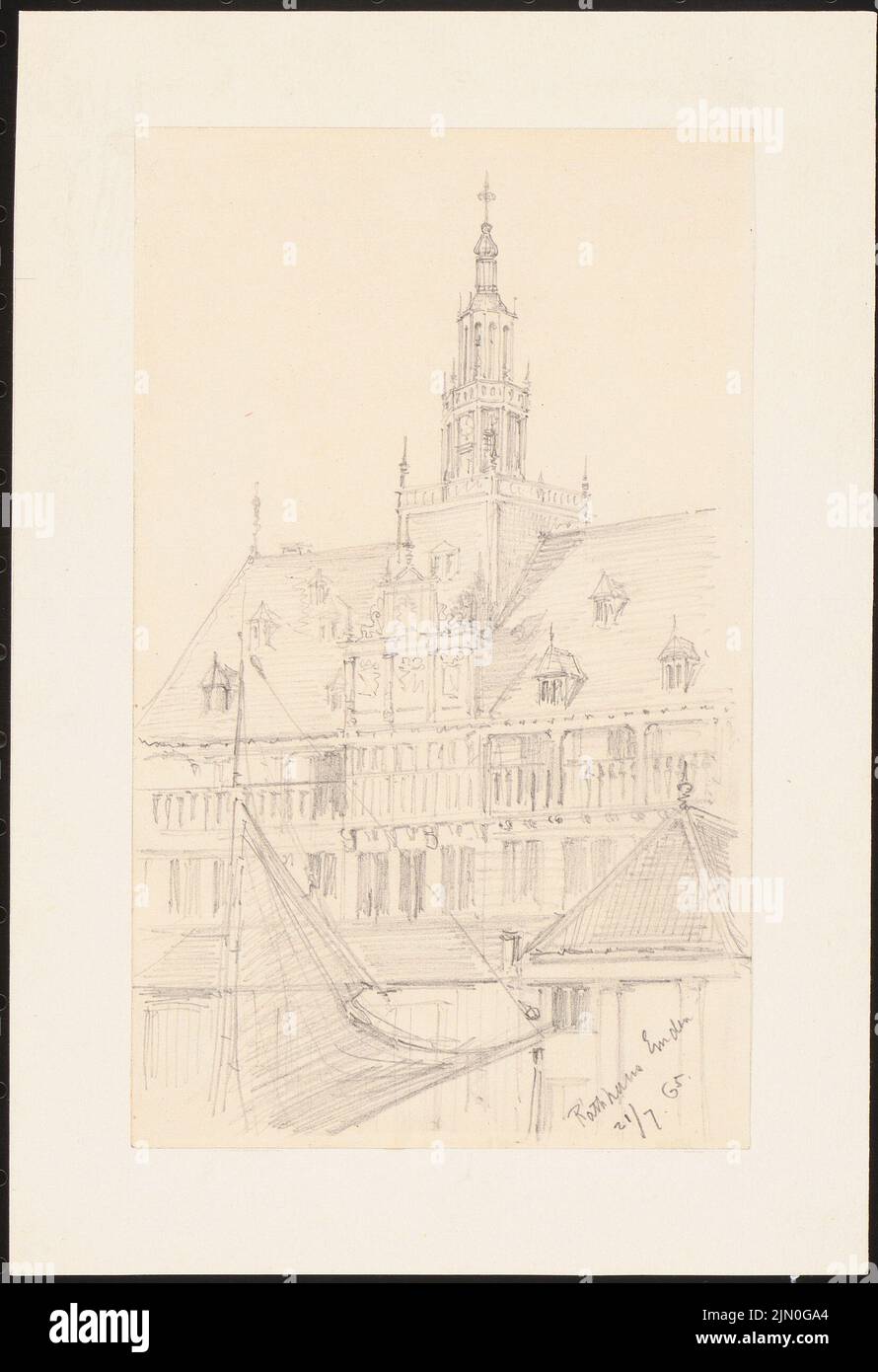 Koch Friedrich (1828-1922), Reisestudien aus Deutschland 1851-53 (21. Juli 1865): Emden: Rathaus (perspektivische Ansicht). Bleistift auf Papier, 20,5 x 14 cm (inklusive Scan-Kanten) Koch Friedrich (1828-1922): Reisestudien aus Deutschland 1851-53 Stockfoto