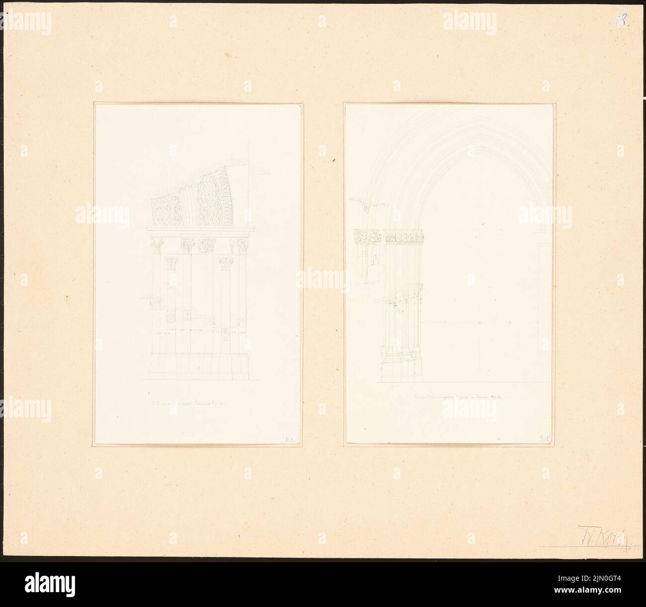 Koch Friedrich (1828-1922), Reisestudien aus Sizilien 1851-53 (06.07.1852): Palermo: S. Francesco d´Assisi (Ansicht, Schnittportal), Krankenhaus (Ansicht Innenportal). Bleistift auf Papier, 34,4 x 39,5 cm (inklusive Scankanten) Koch Friedrich (1828-1922): Reisestudien aus Sizilien 1851-53 Stockfoto