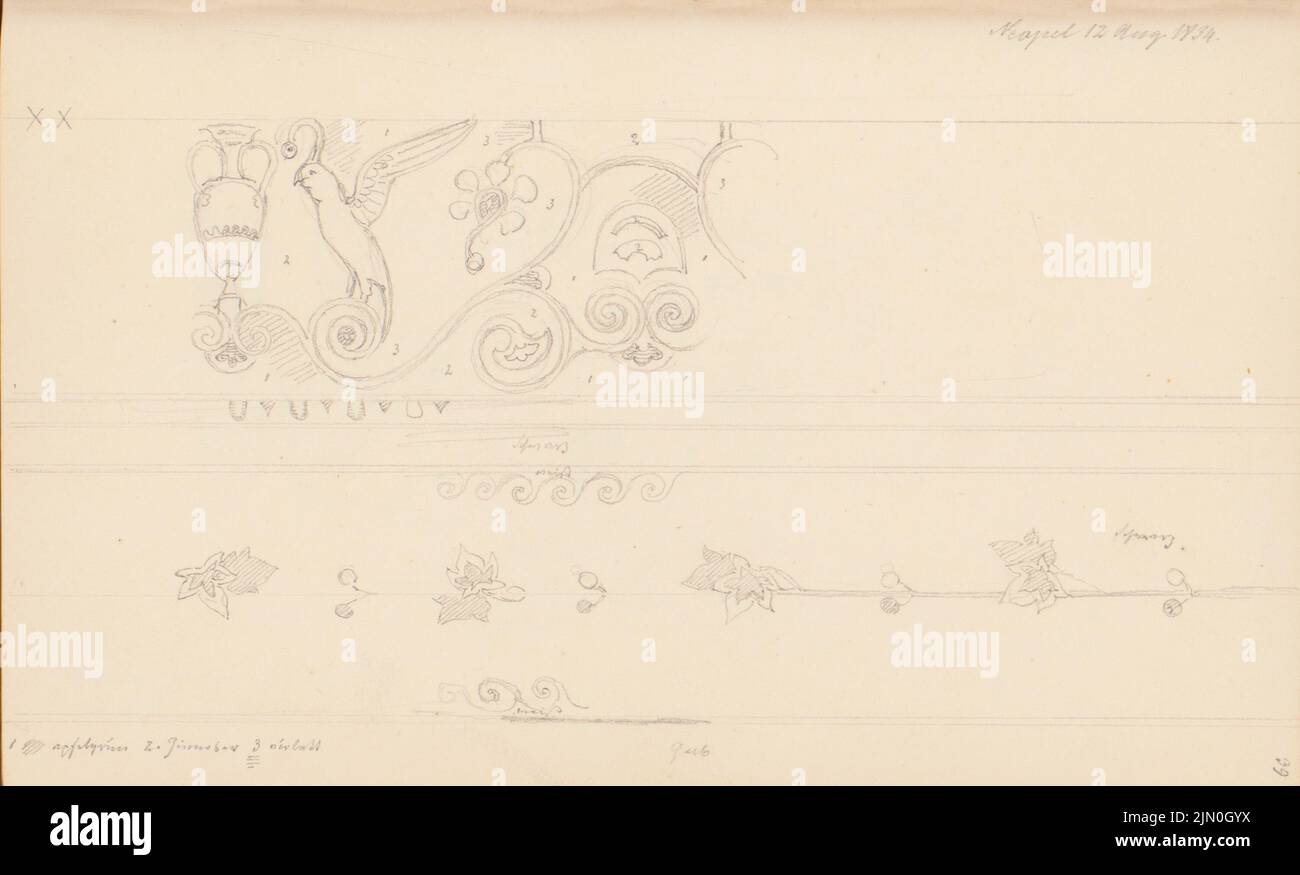 Scheppig Carl (1803-1885), Skizzenbuch 'Reiseaufschriften am Rhein in Frankreich und Italien' (1833-1835): Bleistift auf Papier, 10 x 16,6 cm (inklusive Scan-Kanten) Scheppig Carl (1803-1885): Skizzenbuch »Reisenotizen gesammelt am Rhein in Frankreich und Italien«: Tierfries, Neapel Stockfoto