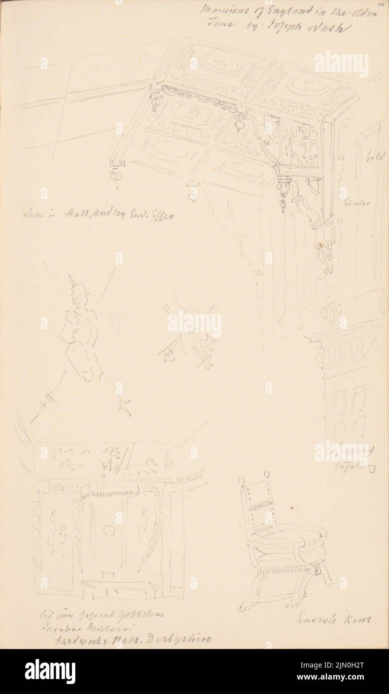 Scheppig Carl (1803-1885), Skizzenbuch 'Reisescheine gesammelt am Rhein in Frankreich und Italien' (1833-1835): Bleistift auf Papier, 16,6 x 10 cm (inklusive Scan-Kanten) Scheppig Carl (1803-1885): Skizzenbuch »Reisenotizen gesammelt am Rhein in Frankreich und Italien«: Mobilar und Innendekorationen aus englischen Herrenhäusern, Essex, Derbyshire Stockfoto