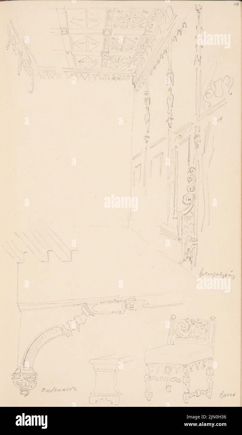 Scheppig Carl (1803-1885), Skizzenbuch 'Reiseberichte am Rhein in Frankreich und Italien gesammelt' (1833-1835): Bleistift auf Papier, 16,6 x 9,9 cm (inklusive Scan-Kanten) Scheppig Carl (1803-1885): Skizzenbuch »Reisenotizen gesammelt am Rhein in Frankreich und Italien«: Mobilar und Innendekorationen, Oudenaarde Stockfoto