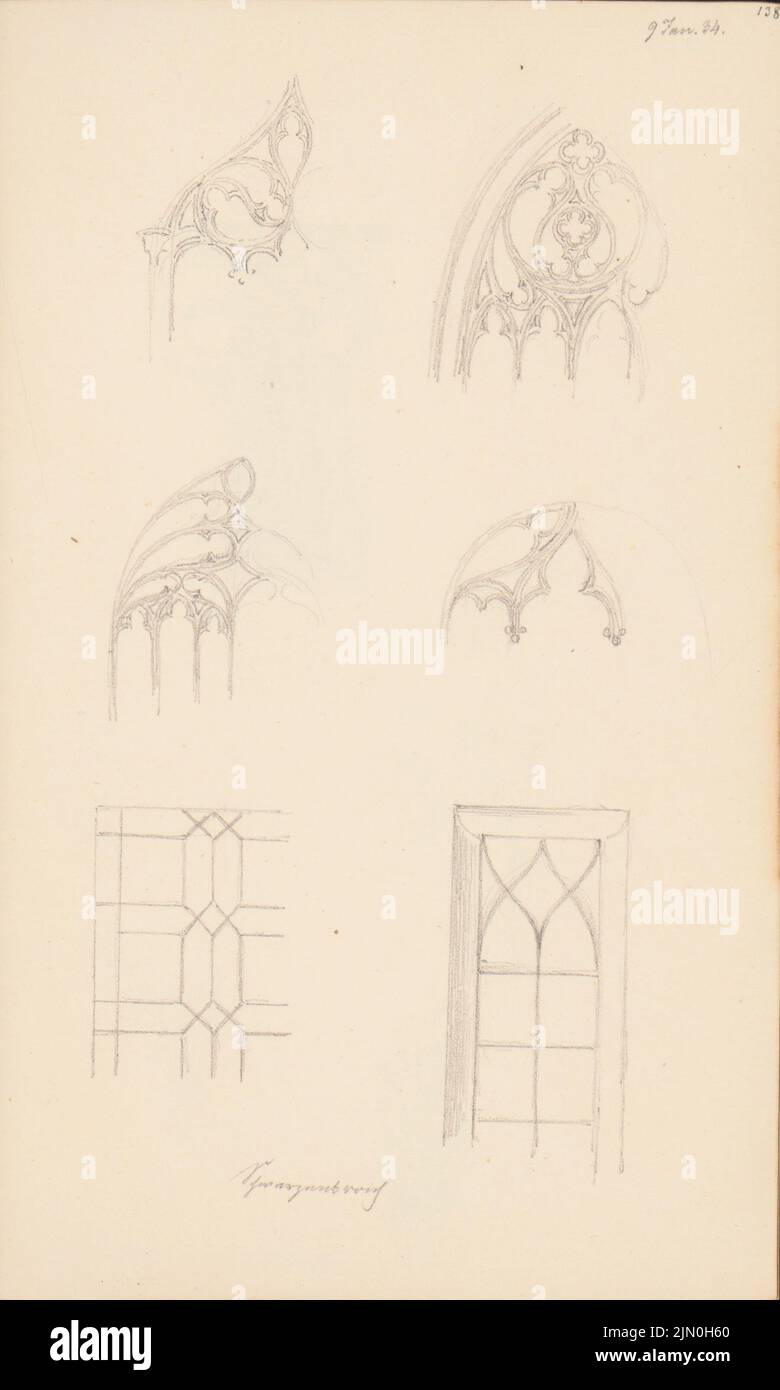 Scheppig Carl (1803-1885), Skizzenbuch 'Reiseaufschriften am Rhein in Frankreich und Italien' (1833-1835): Bleistift auf Papier, 16,6 x 10 cm (inklusive Scan-Kanten) Scheppig Carl (1803-1885): Skizzenbuch »Reisenotizen gesammelt am Rhein in Frankreich und Italien«: Fenster Stockfoto