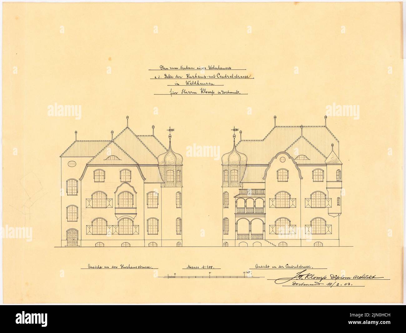 Klomp Johannes Franziskus (1865-1946), Klomp, Hannover-Waldhausen Wohngebäude (10.02.1903): Blick auf die Straßenseiten 1: 100 (Entwurf 1.). Tusche, Bleistift, wasserfarben auf transparent, 43,9 x 58,6 cm (inklusive Scankanten) Klomp Johannes Franziskus (1865-1946): Wohnhaus Klomp, Hannover-Waldhausen Stockfoto