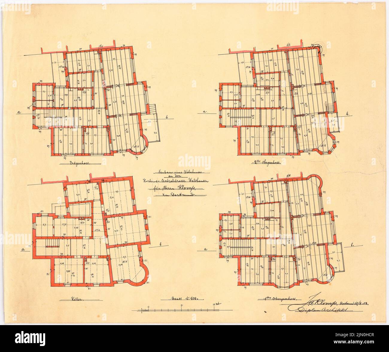 Klomp Johannes Franziskus (1865-1946), Klomp, Hannover-Waldhausen Wohngebäude (10.02.1903): Grundrisse der Erde, 1. und 2. Ober- und Untergeschoß 1: 100 (Entwurf 1.). Tusche, Bleistift, wasserfarben auf transparent, 49,3 x 59 cm (inklusive Scankanten) Klomp Johannes Franziskus (1865-1946): Wohnhaus Klomp, Hannover-Waldhausen Stockfoto