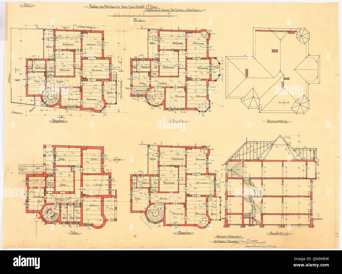 Klomp Johannes Franziskus (1865-1946), Klomp, Hannover-Waldhausen Wohngebäude (01.02.1904): Grundrisse und Durchschnitt 1: 100 (Entwurf 3.). Tusche, Bleistift, Tusche farbig, Aquarell auf transparent, 51 x 69,6 cm (inklusive Scankanten) Klomp Johannes Franziskus (1865-1946): Wohnhaus Klomp, Hannover-Waldhausen Stockfoto