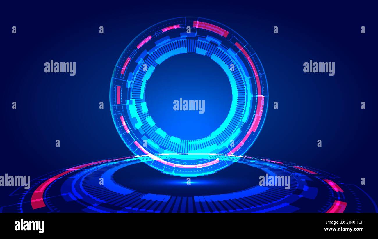 Abstrakte Technologie digitale Konzept Kreise HUD Neon Beleuchtung Cyberspace auf blauem Gitter Hintergrund. Vektorgrafik Stock Vektor
