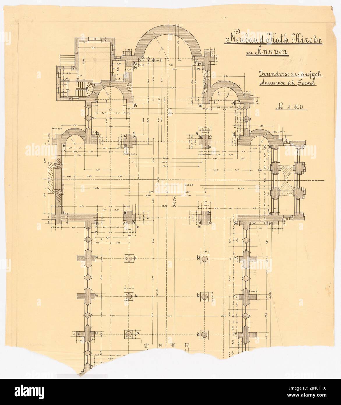 Klomp Johannes Franziskus (1865-1946), St. Nikolaus, Ankum (1894-1904): Grundriß des aufsteigenden Mauerwerks (Teil aus) 1: 100. Tusche, Bleistift auf Transparent, 59,6 x 53,7 cm (inklusive Scankanten) Klomp Johannes Franziskus (1865-1946): St. Nikolaus, Ankum Stockfoto