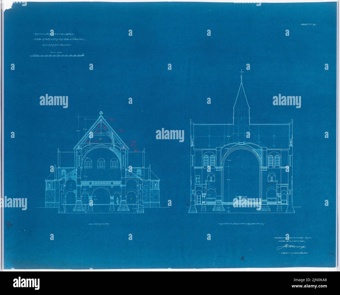 Klomp Johannes Franziskus (1865-1946), Franziskanerkloster und Heilig Kreuz, Essen (05,1910): Querschnitt durch das Kreuzhaus der Kirche 1: 100 (Entwurf 7.). Bleistift, Buntstift über Blaupause auf Papier, 66,4 x 83,2 cm (inklusive Scankanten) Klomp Johannes Franziskus (1865-1946): Franziskanerkloster und Heilig Kreuz, Essen Stockfoto