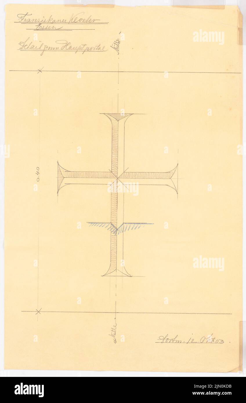 Klomp Johannes Franziskus (1865-1946), Franziskanerkloster und Heilig Kreuz, Essen (12.10.1903): Kreuzor-Ornament des Hauptportals (1: 1). Bleistift, farbiger Bleistift auf Transparent, 62,3 x 40,7 cm (inklusive Scankanten) Klomp Johannes Franziskus (1865-1946): Franziskanerkloster und Heilig Kreuz, Essen Stockfoto