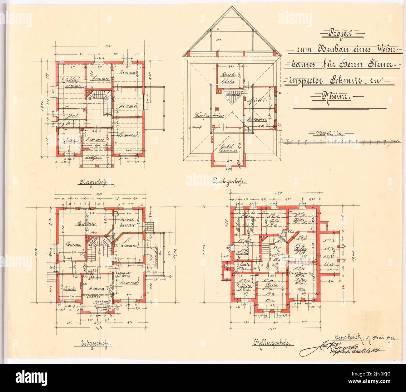 Klomp Johannes Franziskus (1865-1946), Niederländischer Steuerinspektor Schmitz, Rheine (17. Mai 1904): Grundrisse 1: 100. Tusche Aquarell auf transparent, 50,2 x 55,9 cm (inklusive Scankanten) Klomp Johannes Franziskus (1865-1946): Wohnhaus Steuerinspektor Schmitz, Rheine Stockfoto