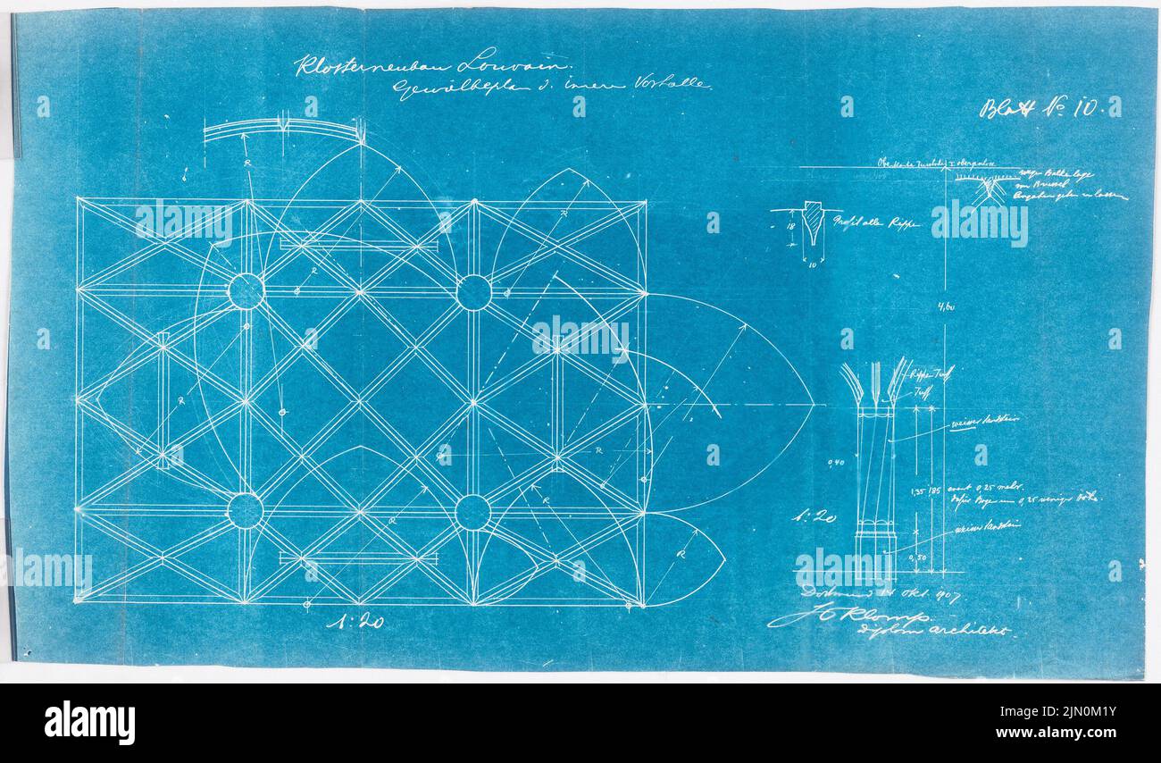 Klomp Johannes Franziskus (1865-1946), Herz-Jesu-Kloster, Leuven (14. Oktober 1907): Gewölbeplan des inneren Podests 1:20. Blaupause auf Papier, 38,6 x 65,6 cm (inklusive Scankanten) Klomp Johannes Franziskus (1865-1946): Herz-Jesu-Kloster, Leuven Stockfoto