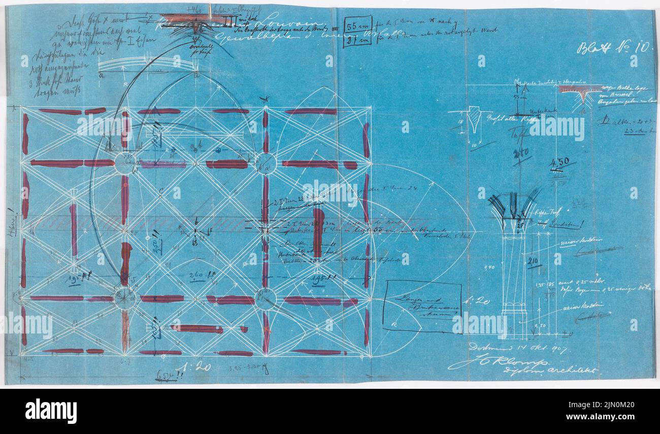Klomp Johannes Franziskus (1865-1946), Herz-Jesu-Kloster, Leuven (14. Oktober 1907): Gewölbeplan des inneren Podests 1:20. Tusche, Bleistift, Buntstift Aquarell über Blaupause auf Papier, 35,5 x 60,3 cm (inklusive Scankanten) Klomp Johannes Franziskus (1865-1946): Herz-Jesu-Kloster, Leuven Stockfoto