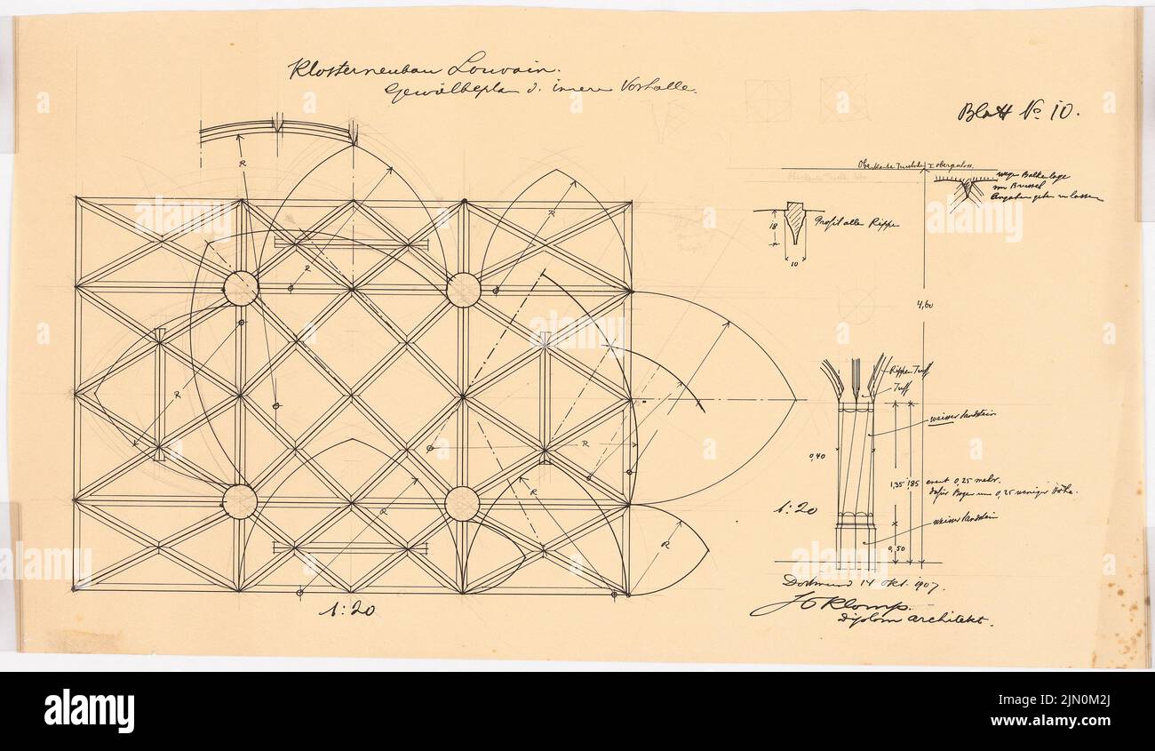 Klomp Johannes Franziskus (1865-1946), Herz-Jesu-Kloster, Leuven (14. Oktober 1907): Gewölbeplan des inneren Podests 1:20. Tusche, Bleistift auf Transparent, 39 x 67,2 cm (inklusive Scankanten) Klomp Johannes Franziskus (1865-1946): Herz-Jesu-Kloster, Leuven Stockfoto