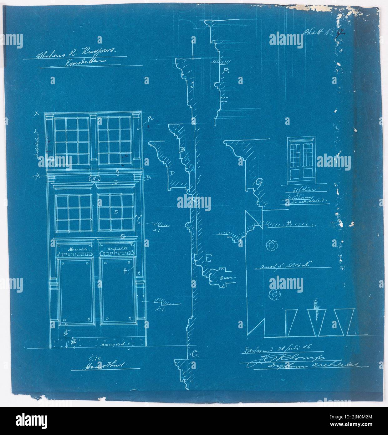 Klomp Johannes Franziskus (1865-1946), Villa Kuypers, Emsdetten (28. Juli 1906): Eingangstür 1:10 und Eckzimmer. Blaupause auf Papier, 49,6 x 47,3 cm (inklusive Scan-Kanten) Klomp Johannes Franziskus (1865-1946): Villa Kuypers, Emsdetten Stockfoto