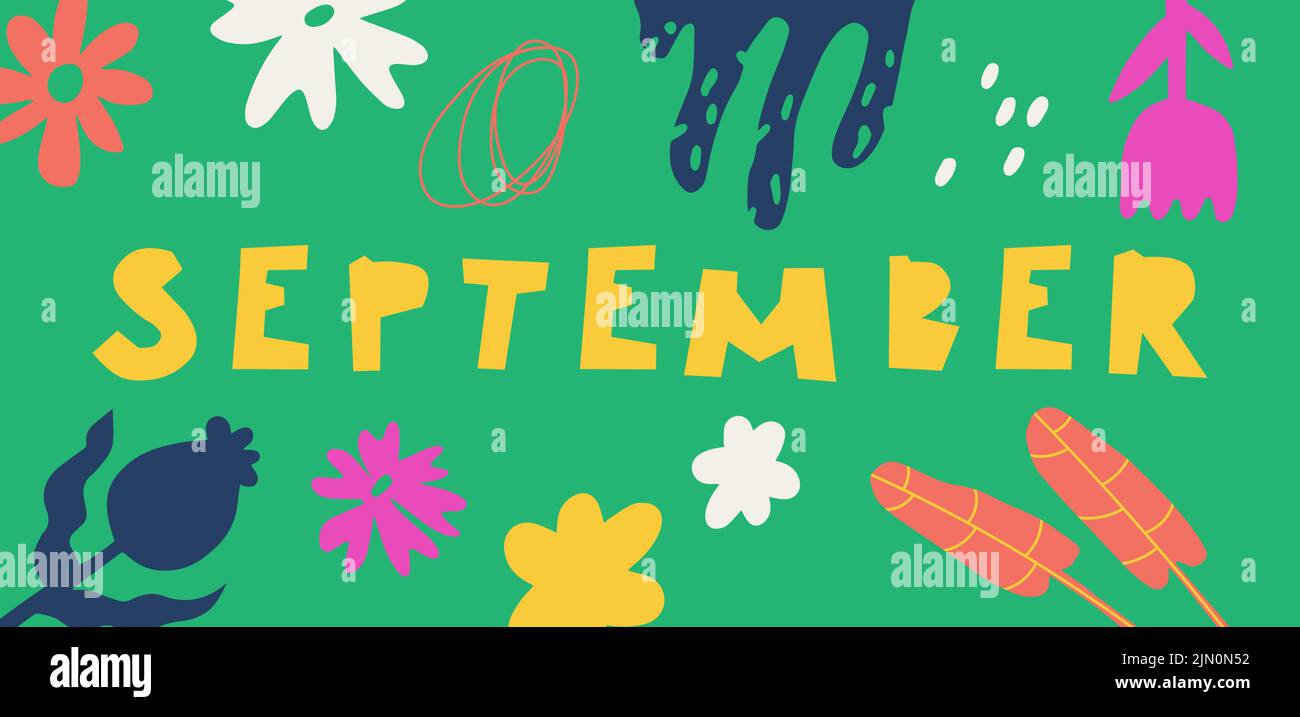 September-Monat. Abstrakter Hintergrund mit botanischen Kritzeleien. Vector multicolor handgezeichneter Druck für Design, Banner, Kalender. Stock Vektor