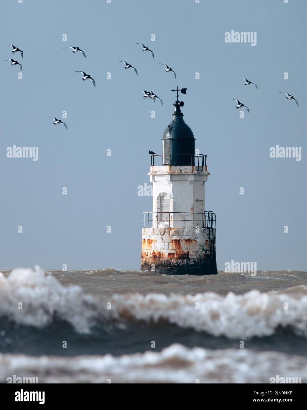 Plover Scar Lighthouse in Lancashire. Auch bekannt als Abbey Lighthouse. Neunzehnten Jahrhundert in der Meeresarchitektur Stockfoto