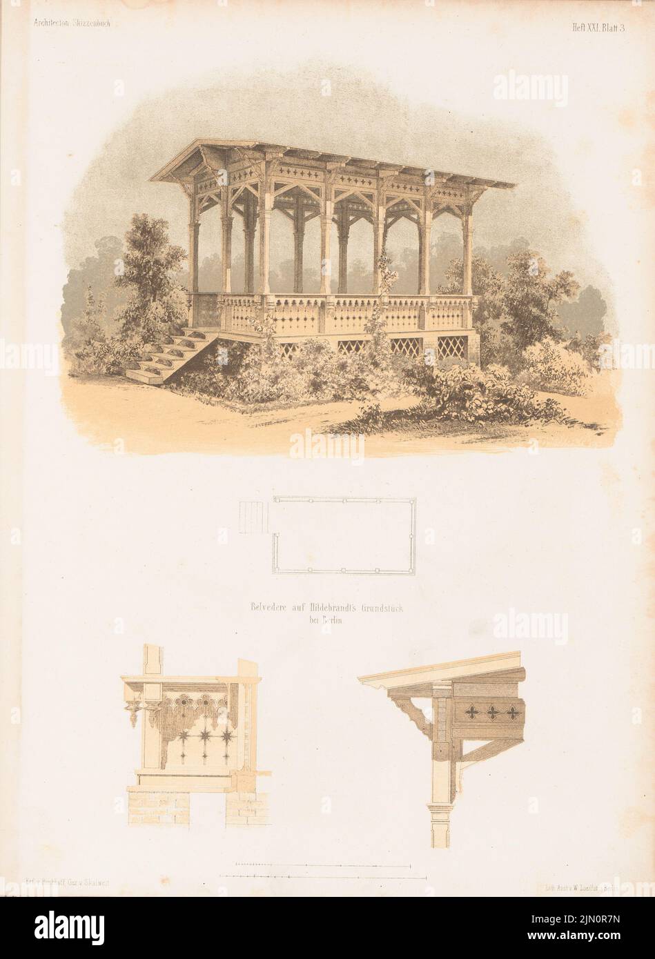 Kirchhoff Wilhelm (1861-1888), Belvedere auf dem Grundstück Hildebrandts, Schönhausen. (Aus: Architectural Sketchbook, H. 21, 1855.) (1855-1855): Grundriß, Perspektivansicht, Details. Lithographie auf Papier, 66,1 x 48,3 cm (inklusive Scankanten) Kirchhoff Wilhelm (1861-1888): Belvedere auf Hildebrandts Grundstück, Berlin. (Aus: Architektonisches Skizzenbuch, H. 21, 1855) Stockfoto